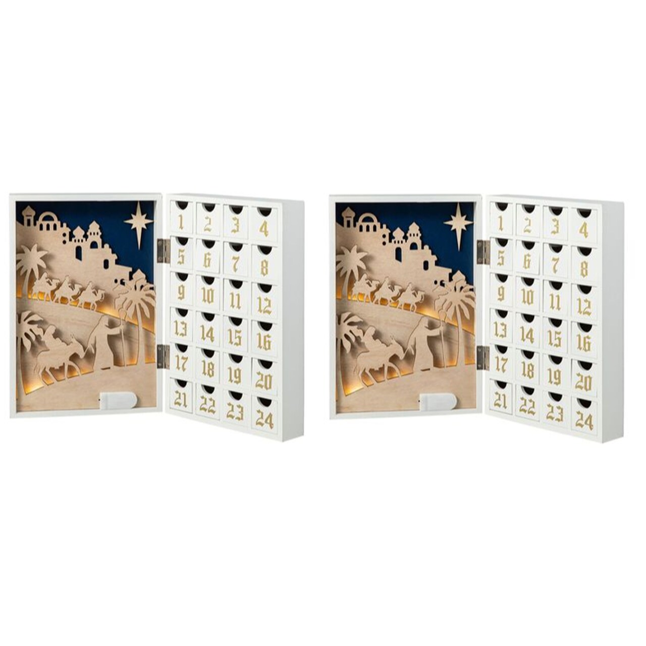 Set of 2 17"L Lighted Wooden Christmas Nativity Advent Calendar Decor